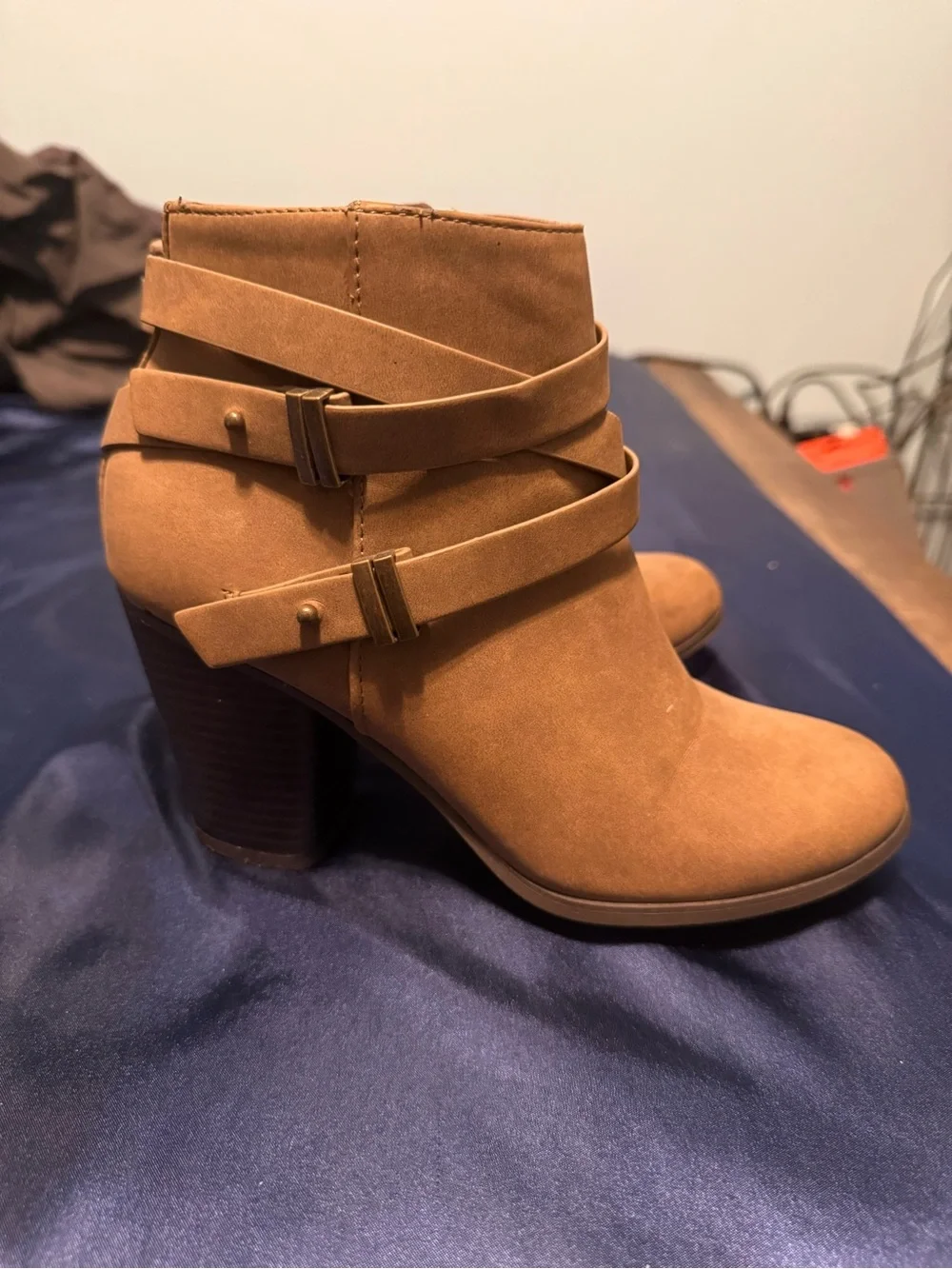 Charlotte Russe Tan Suede-Look Ankle Booties with Wrap Straps